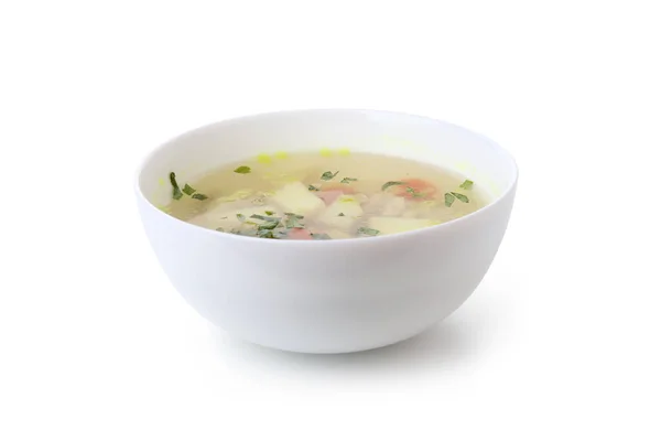 Teller Mit Hühnersuppe Isoliert Auf Weißem Hintergrund — Stockfoto