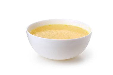 Beyaz zemin üzerinde izole edilmiş et suyu tabağı