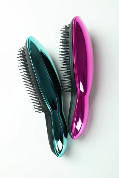 Colored Plastic Hair Brushes White Background — 图库照片