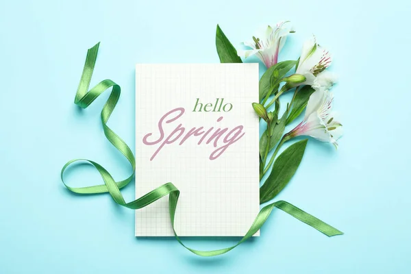 Koncept Hello Spring Modrém Pozadí — Stock fotografie