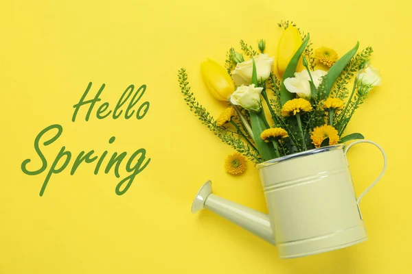 Concept Hello Spring Yellow Background — Stock Photo, Image