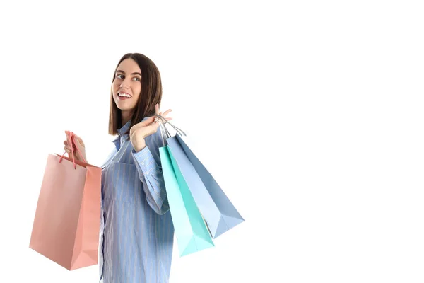 Vrouw Met Winkeltassen Geïsoleerd Witte Achtergrond — Stockfoto