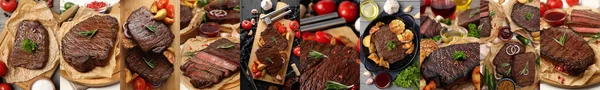 Collage Fotografico Gustose Composizioni Alimentari Con Bistecca Manzo — Foto Stock