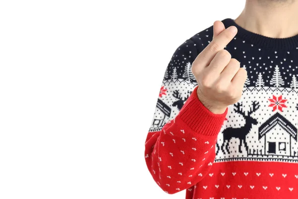 Noel Süveteri Giyen Adam Koreli Kalp Işareti Gösteriyor Beyaz Arka — Stok fotoğraf