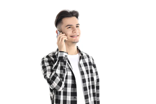 Beyaz Arka Planda Telefonu Olan Tişörtlü Bir Adam — Stok fotoğraf