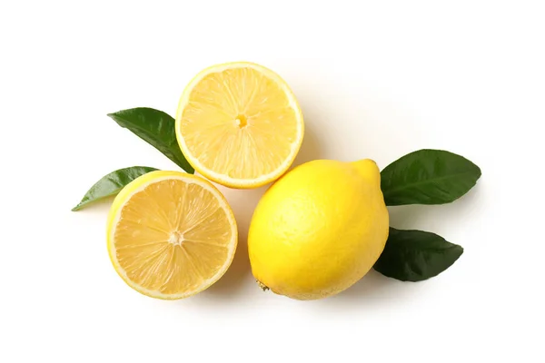 Лимоны Листья Белом Фоне Вид Сверху — стоковое фото
