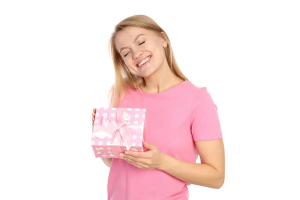 Νεαρή Γυναίκα Κουτί Δώρου Απομονωμένη Λευκό Φόντο — Φωτογραφία Αρχείου
