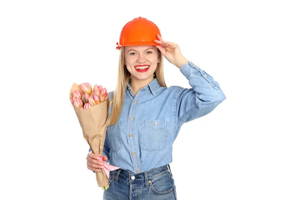 Construtor Mulher Com Buquê Isolado Fundo Branco — Fotografia de Stock