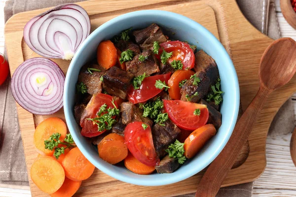 Concept Van Lekker Eten Met Rundvlees Met Groenten Bovenaanzicht — Stockfoto