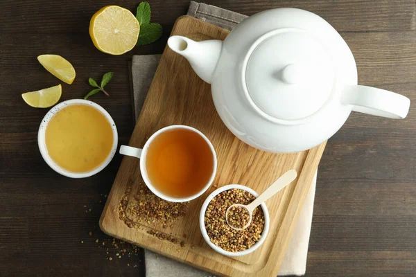 stock image Concept of hot drink with buckwheat tea, top view