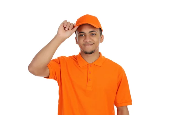 Ung Man Leverans Uniform Isolerad Vit Bakgrund — Stockfoto