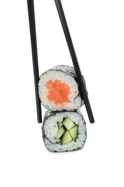 Chopsticks Met Maki Geïsoleerd Witte Achtergrond — Stockfoto