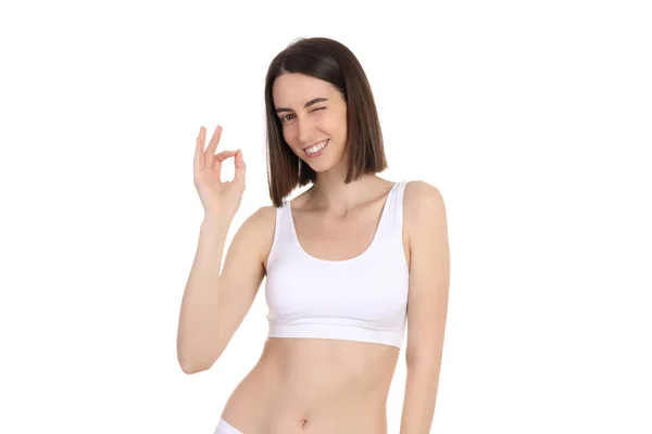Concept Van Gewichtsverlies Met Slank Meisje Geïsoleerd Witte Achtergrond — Stockfoto