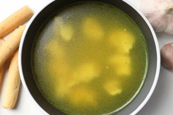 Konsep Makanan Lezat Dengan Sup Ayam Atau Kaldu Tutup — Stok Foto