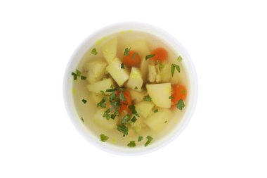 Beyaz arka planda izole edilmiş tavuk çorbası tabağı.