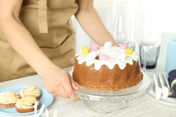 Concept Easter Cake White Wooden Table — Stock Photo, Image