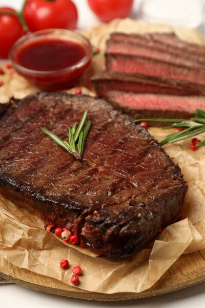 Concept of tasty food with beef steaks, close up