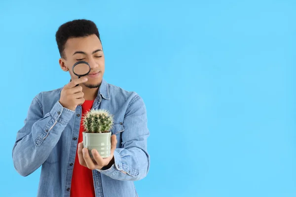 Ung Man Med Förstoringsglas Och Kaktus Blå Bakgrund — Stockfoto