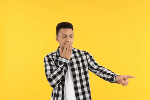 Young Man Checkered Shirt Yellow Background — Stock Photo, Image