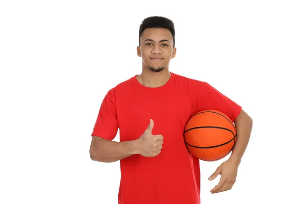 Jeune Homme Avec Ballon Basket Isolé Sur Fond Blanc — Photo