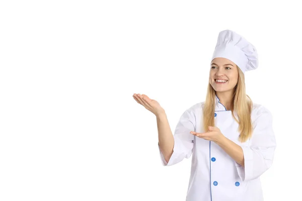 Jonge Vrouwelijke Chef Kok Geïsoleerd Witte Achtergrond — Stockfoto