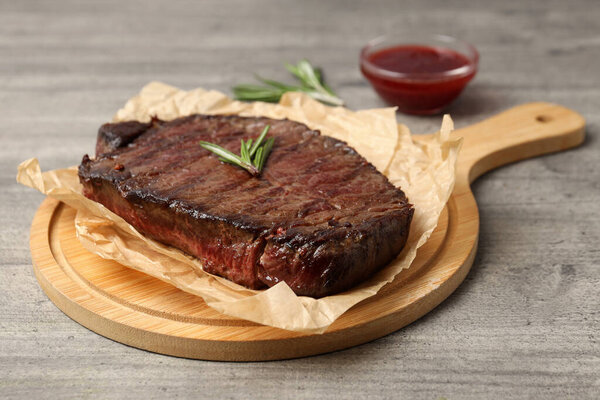 Concept of tasty food with beef steak, close up