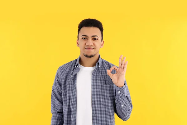 Young Man Checkered Shirt Yellow Background — Stock Photo, Image