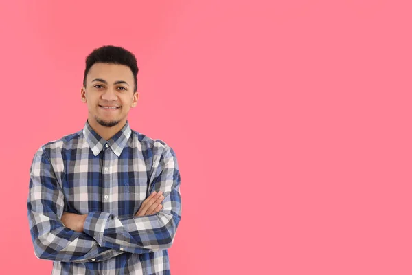 Young Man Checkered Shirt Pink Background — Stock Photo, Image