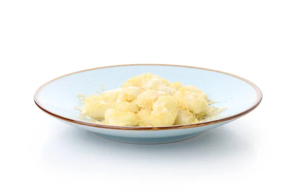 Placă Gnocchi Izolată Fundal Alb — Fotografie, imagine de stoc