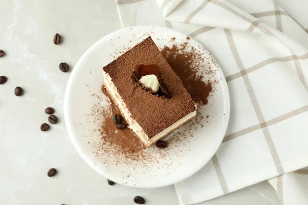 Konzept Eines Leckeren Desserts Mit Tiramisu Kuchen Draufsicht — Stockfoto