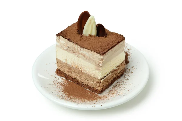 Piatto Con Torta Tiramisù Isolato Sfondo Bianco — Foto Stock