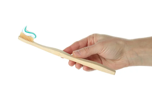 Female Hand Holds Toothbrush Toothpaste Isolated White Background — Stock Photo, Image