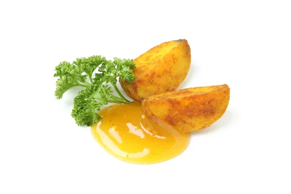 Mosterd Honing Saus Met Aardappel Peterselie Geïsoleerd Witte Achtergrond — Stockfoto