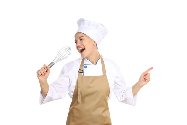 Beyaz Arka Planda Izole Edilmiş Genç Bir Kadınla Yemek Pişirme — Stok fotoğraf
