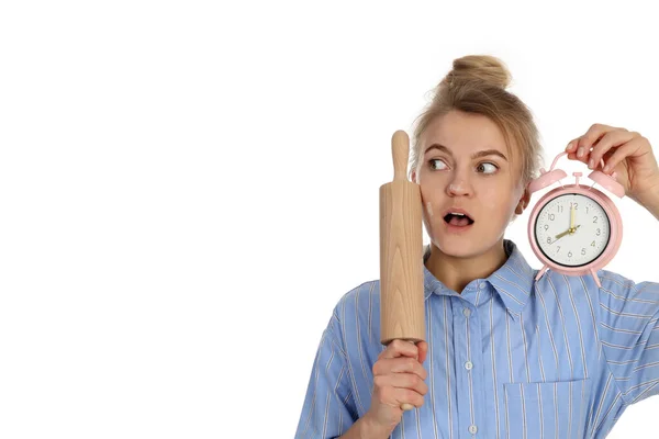 Concept Van Koken Met Jonge Vrouw Geïsoleerd Witte Achtergrond — Stockfoto