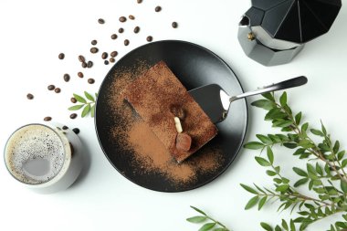 Tiramisu keki ile lezzetli tatlı kavramı, üst manzara.