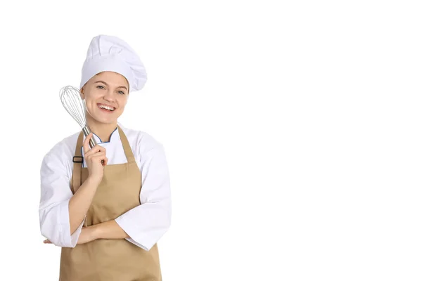 Conceito Cozinhar Com Mulher Jovem Isolado Fundo Branco — Fotografia de Stock