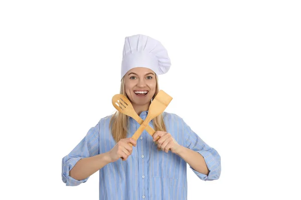 Έννοια Του Μαγειρέματος Νεαρή Γυναίκα Απομονωμένη Λευκό Φόντο — Φωτογραφία Αρχείου