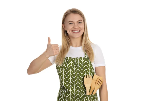 Conceito Cozinhar Com Mulher Jovem Isolado Fundo Branco — Fotografia de Stock