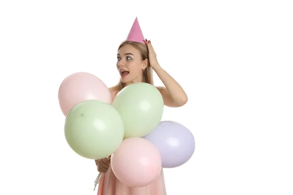 Conceito Feliz Aniversário Com Jovem Isolado Fundo Branco — Fotografia de Stock