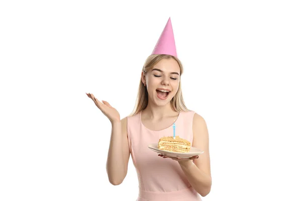 Concept Van Happy Birthday Met Jong Meisje Geïsoleerd Witte Achtergrond — Stockfoto