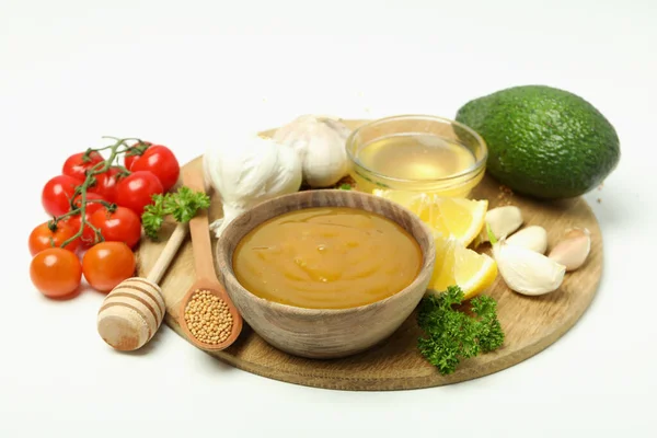 Begreppet Matlagning Med Honungssenapssås Och Ingredienser — Stockfoto