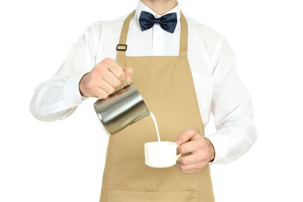 Waiter Pour Milk Isolated White Background — Stock Photo, Image