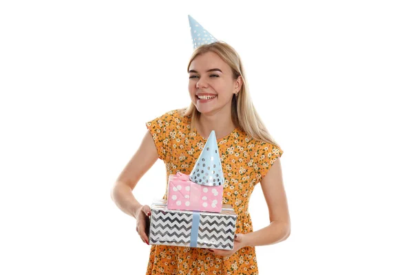 Begreppet Grattis Födelsedagen Med Ung Flicka Isolerad Vit Bakgrund — Stockfoto