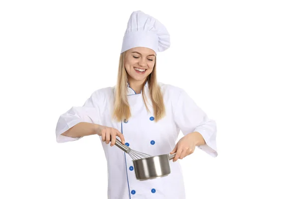 Conceito Cozinhar Com Mulher Jovem Isolado Fundo Branco — Fotografia de Stock