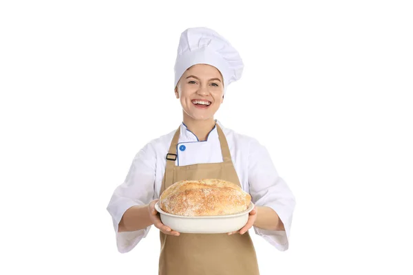 Conceito Cozinhar Com Mulher Jovem Isolado Fundo Branco — Fotografia de Stock