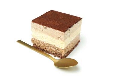 Beyaz arkaplanda izole edilmiş tiramisu keki, kapat