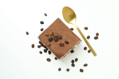 Tiramisu keki ile lezzetli tatlı kavramı, üst manzara.