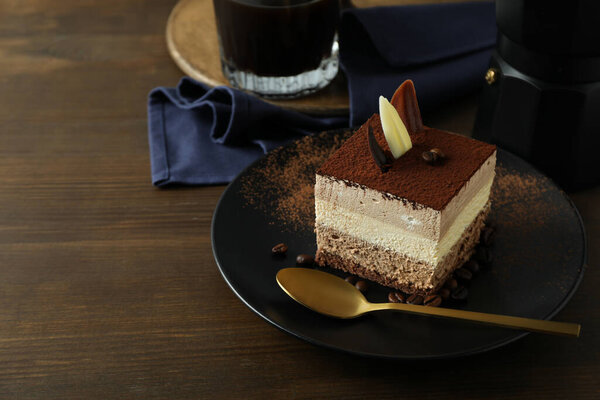 Concept of tasty dessert with Tiramisu cake, space for text