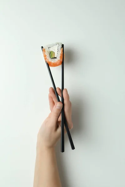 Female Hand Hold Chopsticks Roll White Background — Stock Photo, Image